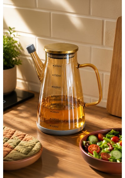 Porsima Yh009-d01 Metal Kapaklı Vakumlu Ölçekli Borosilikat Renkli Cam Yağdanlık - Sızdırmaz Yağlık Sirkelik 800ml Diğer