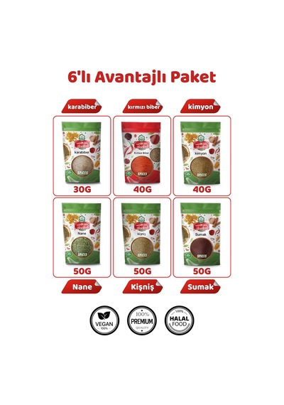 6 Lı Avantajlı Gurme Baharat Seti Karabiber30, Pul Biber40, Kimyon40, Nane50, Kişniş50, Sumak50 Gr