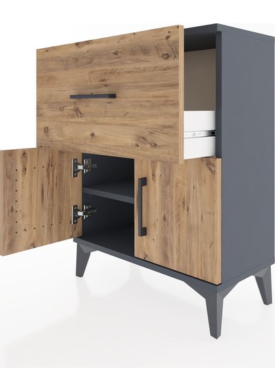 Arges Komodin 3 Raflı Tek Çekmeceli 2 Kapaklı 60x30x80 Antras... Antrasit