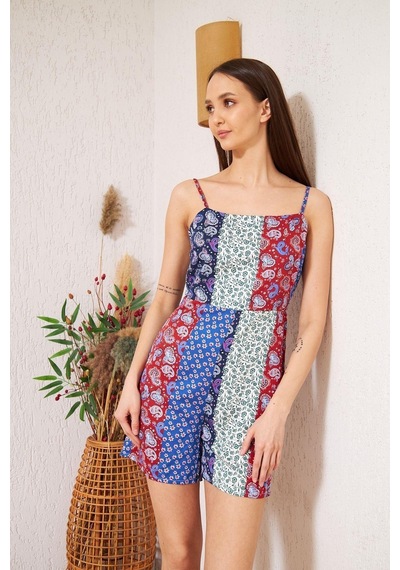 Bordo Desenli Patchwork Şort Tulum Dm4003 Mavi