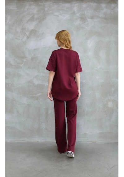 Defymoda Osy Modal Yumuşak Dokulu Kumaş Bisiklet Yaka Taş Detaylı Kısa Kollu Takım - Bordo Bordo Defymoda Osy Modal Yumuşak Dokulu Kumaş Bisiklet Yaka Taş Detaylı Kısa Kollu Takım - Bordo Bordo