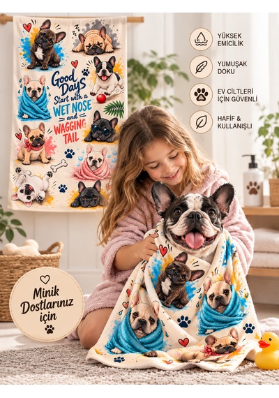 Kedi & Köpek Kurulama Havluları French Bulldog Desenli Hızlı Kuruyan 50x100cm