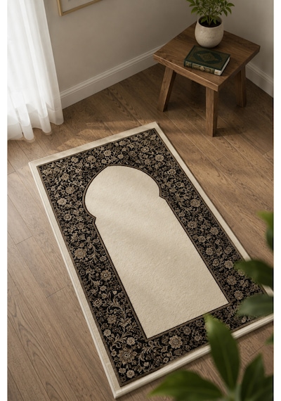 Bambu Namaz Seccadesi 80x130 Cm - Kaymaz Tabanlı Yumuşak Krem Siyah Krem
