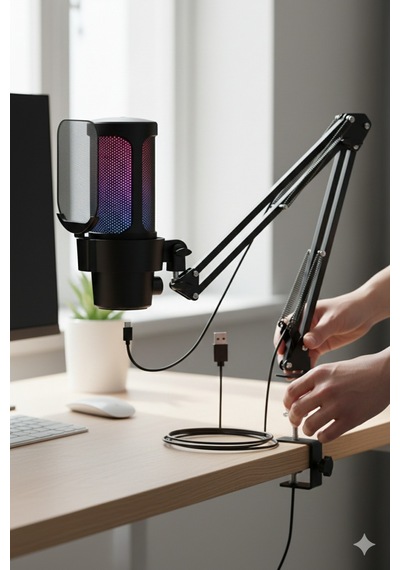 Usb Rgb Kondansatör Mikrofon + Boom Kol Stand Seti Mute Tuşlu Gürültü Azaltma Siyah