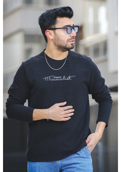 Oksit Mnmlst 017 Baskılı Selanik Pamuklu Slim Fit Likralı Sıfır Yaka Erkek Sweatshirt 001