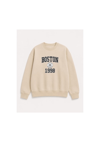 Herkesemoda Boston Baskı Detaylı Bisiklet Yaka Şardonlu 2 İplik Sweatshirt Bej