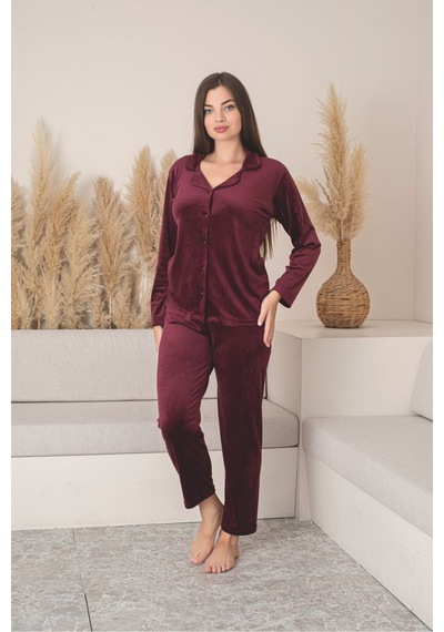 Kırmızı Renk Boydan Düğmeli Kadın Kadife Pijama Takımı Bordo