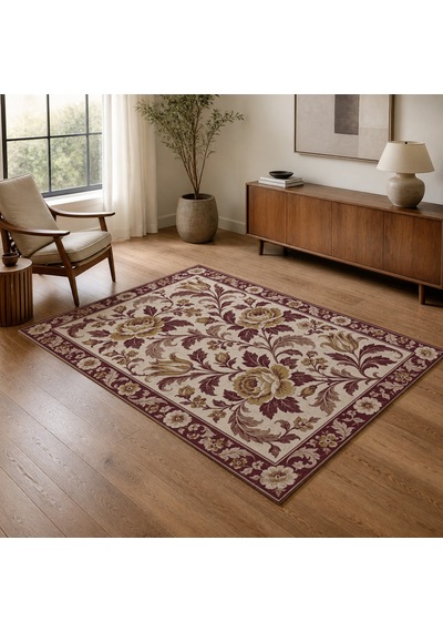Kartela Halı Vintage Çiçek Bordürlü Halı Bordo Kaymaz Taban Makinede Yıkanabilir 60x90 Cm