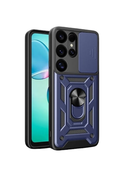 Samsung Galaxy S25 Ultra İle Uyumlu Kılıf Magnetik Standlı Kamera Korumalı Sürgülü Kapak Lacivert