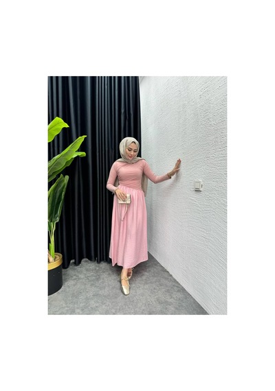 Meecy Mnk Model Geniş Etekli Büzgü Tesettür Elbise Pembe Pembe