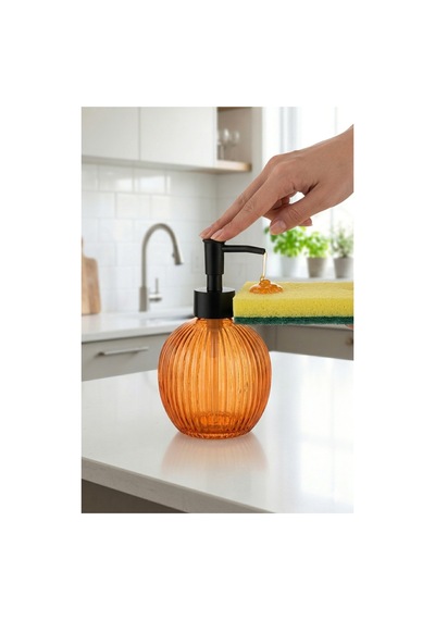 Çizgili Yuvarlak Siyah Pompalı Cam Sıvı Sabunluk - 500ml - 16x10x10 Cm Turuncu