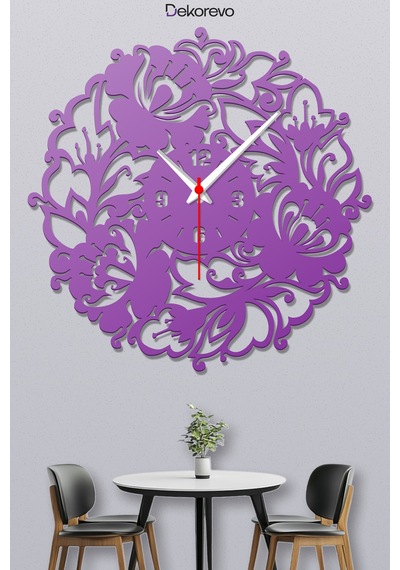 Çiçek Desenli Dekoratif Metal Duvar Saati - Mor - 30 X 30 Cm