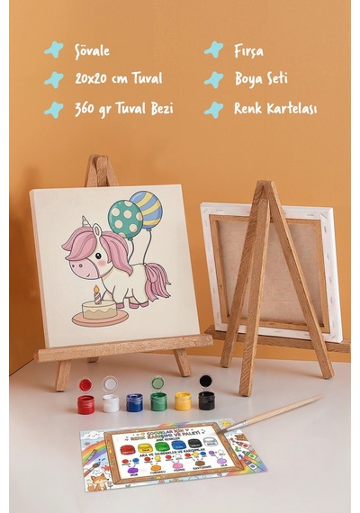 Doğum Günü Unicorn Boyama Tuvali Şövaleli Boya Seti 20x20