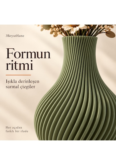 Sarmal Tasarım Dekoratif Vazo 20 Cm Kuru Ve Yapay Çiçek Vazosu Haki