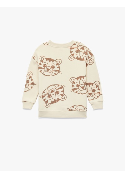 Koton Kaplan Baskılı Uzun Kollu Bisiklet Yaka Şardonlu Sweatshirt Bej Desenli 6wmb10165tk Ekru Desenli