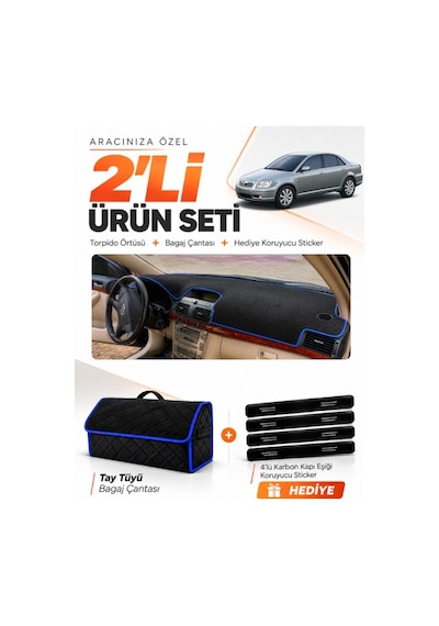 Toyota Avensis Ekranlı T250 2003-2008 Uyumlu Torpido Örtüsü + Tay Tüyü Çanta Seti - Siyah Mavi