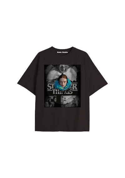 Stranger Things Baskılı Oversize Ünisex T-shirt Siyah Gri