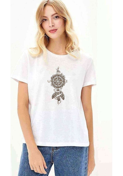 Dreamcatcher Pusula Baskılı Beyaz Kadın Tshirt