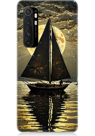 Xiaomi Mi Note 10 Lite Uyumlu Altın Ayda Yelkenli Desenli Silikon Kılıf Çok Renkli