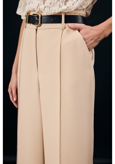 Sateen Kemer Detaylı Pantolon - Bej-137346