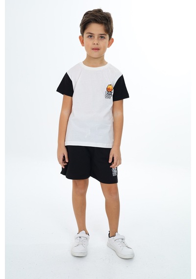 Toontoy Kids Toontoy Erkek Çocuk 2'li Takım Baskılı Bisiklet Yaka Tişört & Beli Lastikli Cepli Şort Ekru