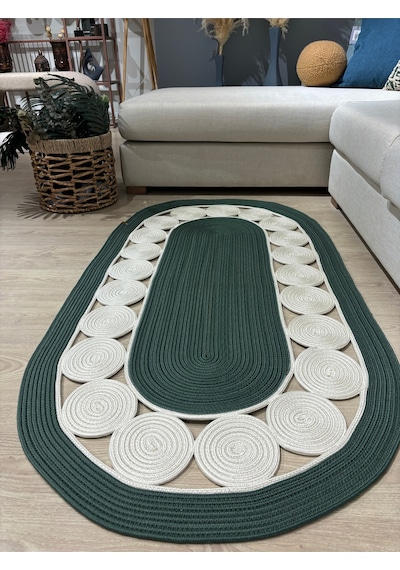 Mavaux Cookie Jüt Hasırlı El Örgüsü Kilim Krem - Yeşil