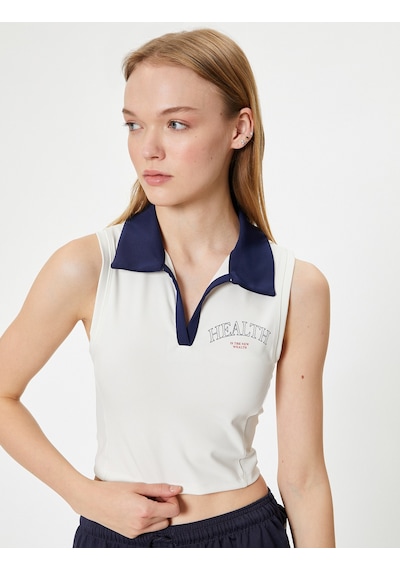 Koton Crop Spor Atlet Slogan Baskılı Polo Yaka Kolsuz Slim Fit Ekru 4sak30196nk Ekru