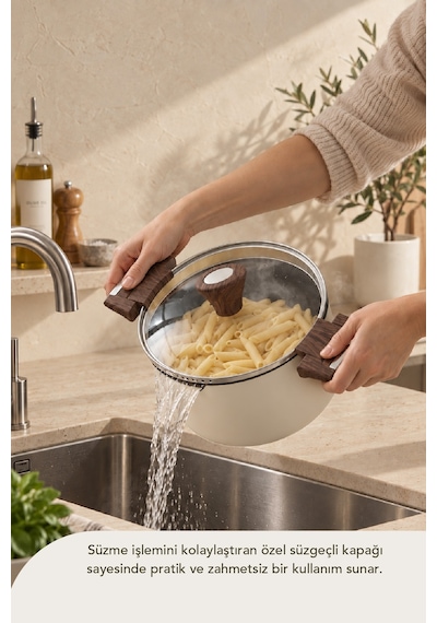 Titanyum Makarna Tenceresi 22 Cm Krem Krem