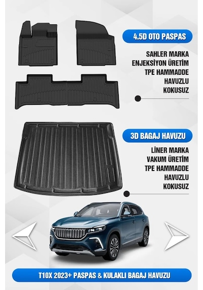 Togg T10x Uyumlu Sahler 4.5d Pro Premium Oto Paspas Ve Liner Marka 3d Kulaklı Bagaj Havuzu