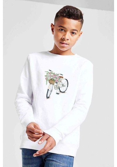 Tshirthane Sepetli Bisiklet Baskılı Unisex Çocuk Beyaz Sweatshirt Beyaz