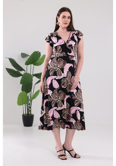 Madwilo Kadın Pembe Floral Desen Fırfır Kol Kruvaze Yaka Büyük Beden Esnek Maxi Elbise
