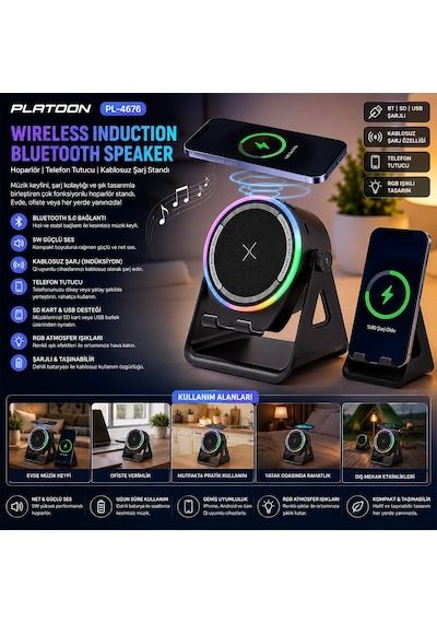 Platoon Pl-4676 Bluetooth Wireless Speaker Hoparlör 5w Usb Şarjlı Rgb Işıklı Telefon Tutacak Bt Sd
