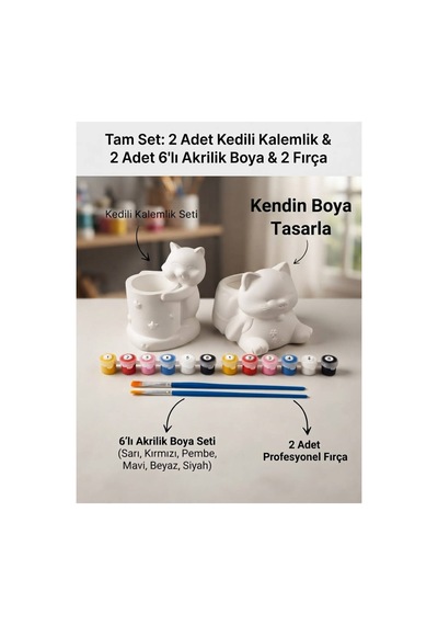 Kedili Kalemlik Seti 2li 12 Renk Boya Ve 2adet Fırça - 929319898