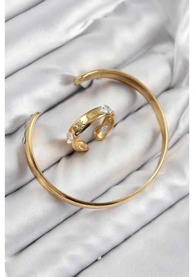 Pirinç Zirkon Taşlı Ayrık Model Gold Renk Bileklik Yüzük Set Çok Renkli