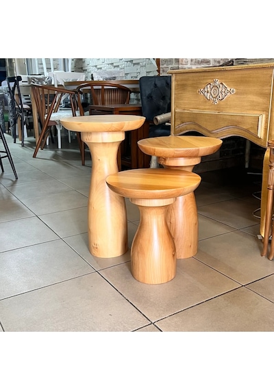 Ahşap 3 Lü Set Fitilli Mantar Yan Sehpa Modern Fiskos / Çiçeklik / Zigon Sehpa Ahşap