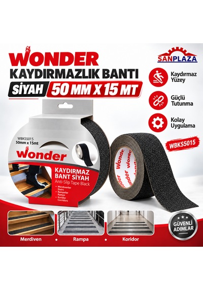 Sanplaza Wonder Wbks5015 Siyah Kaydırmazlık Bandı 50 Mm X 15 Mt Merdiven Zemin Güvenlik Bandı
