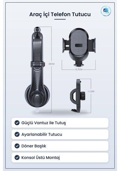 Araç İçi Güçlü Vantuzlu Konsol Üstü Ayarlanabilir Döner Telefon T