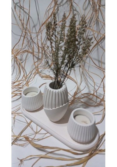 İskandinav Vazolu Tabaklı Tealight Mumluk Set Beyaz Beyaz