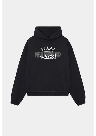 Unisex Beyaz Kapüşonlu Sweatshirt - Luck Baskılı Oversize Hoodie Siyah