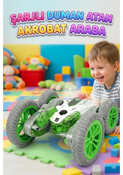 Uzaktan Kumandalı 7 Fonksiyonlu Işıklı Şarjlı Duman Atan 360 Derece Dönebilen Oyuncak Akrobat Araba Yeşil