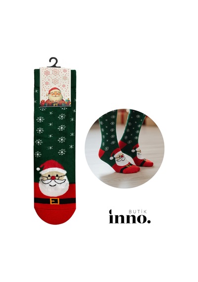 Inno Yılbaşı Desenli Noel Babalı Kraft Kutulu Çorap Tekli Kırmızı