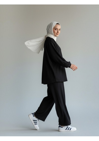 Stilkusagi Kadın Vizon Ön Bağlamalı Bürümcük Kimono Pantolon İkili Takım siyah