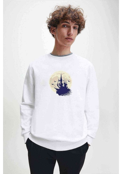 Castlevania Pixel Castle Baskılı Beyaz Erkek Örme Sweatshirt