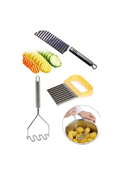 Şekilli Patates Bıçağı + Metal Patates Ezici + Meyve Sebze Doğrama Dilimleme Cips Bıçağı