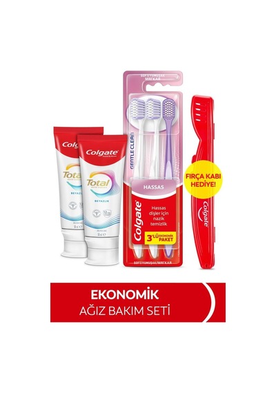 Colgate Total Whitening 50 Ml 2'li Diş Macunu, Gentle Clean 2+1 Diş Fırçası + Diş Fırçası Kabı Hediyeli