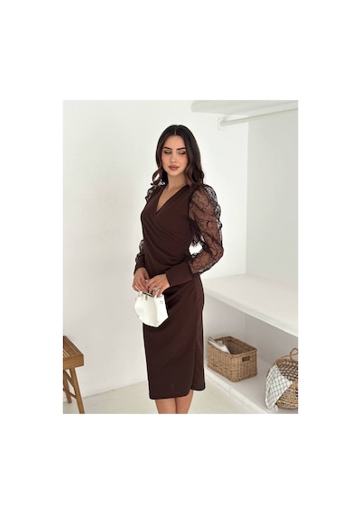Asur Boutique Kadın Scuba Kumaş Kruvaze Yaka Pileli Kol Flok Dar Kalıp Elbise Kahverengi