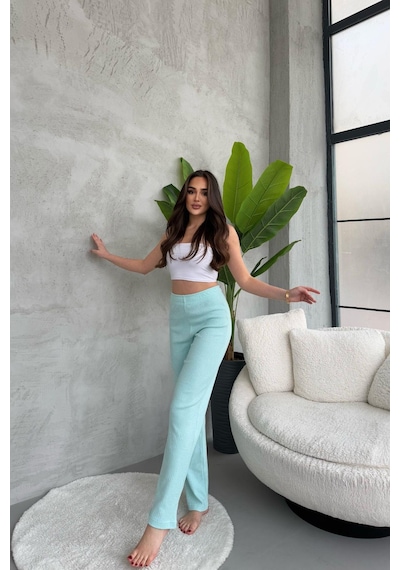 Kadın Su Yeşili Yüksek Bel Fitilli Bol Paça Günlük İnce Eşofman Altı Pijama Su Yeşili