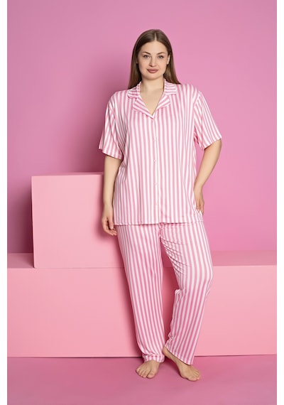 Rindahomewear Büyük Beden Cızgılı Desen Milan Düğmeli Kısa Kol Pijama Takımı Pembe