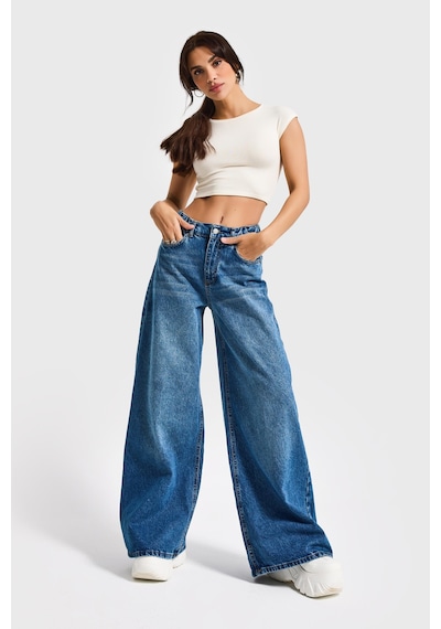 Itsbasic Kadın Mavi Renk 2s5-4 Palazzo Fit Beli Lastliki %100 Koton Denim Jean