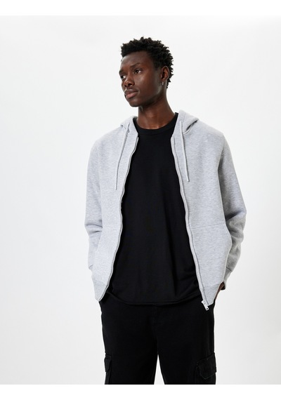 Koton Fermuarlı Sweatshirt Kapşonlu Cep Detaylı Pamuk Karışımlı Gri 5wam70016mk Gri